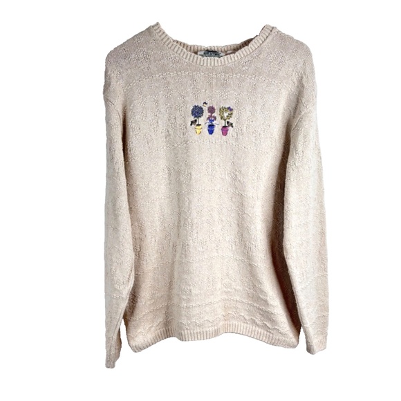 Vintage 90s Granny Sweater M Embroidered Birds Floral Cottage Cream Winter Knits - Picture 1 of 9